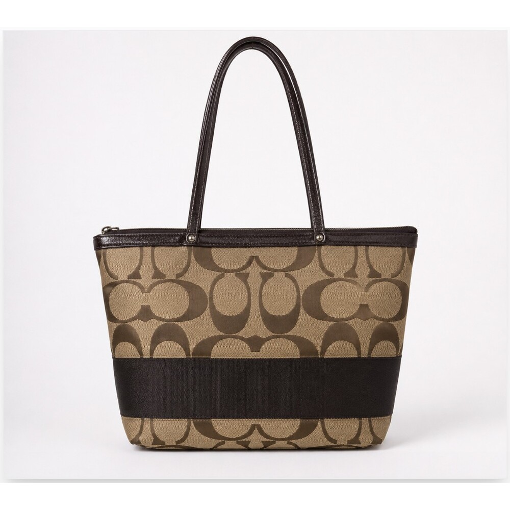 Coach Tote Bag Womens Small Brown Signature Avary Canvas Leather Zip Purse